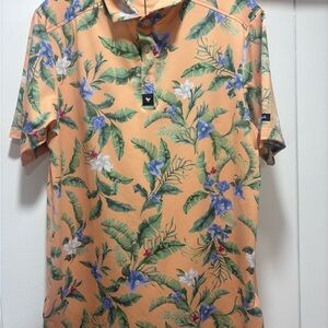 Bad Birdie Mens Small Tropical Floral Print Golf Polo Short Sleeve Peach NWT